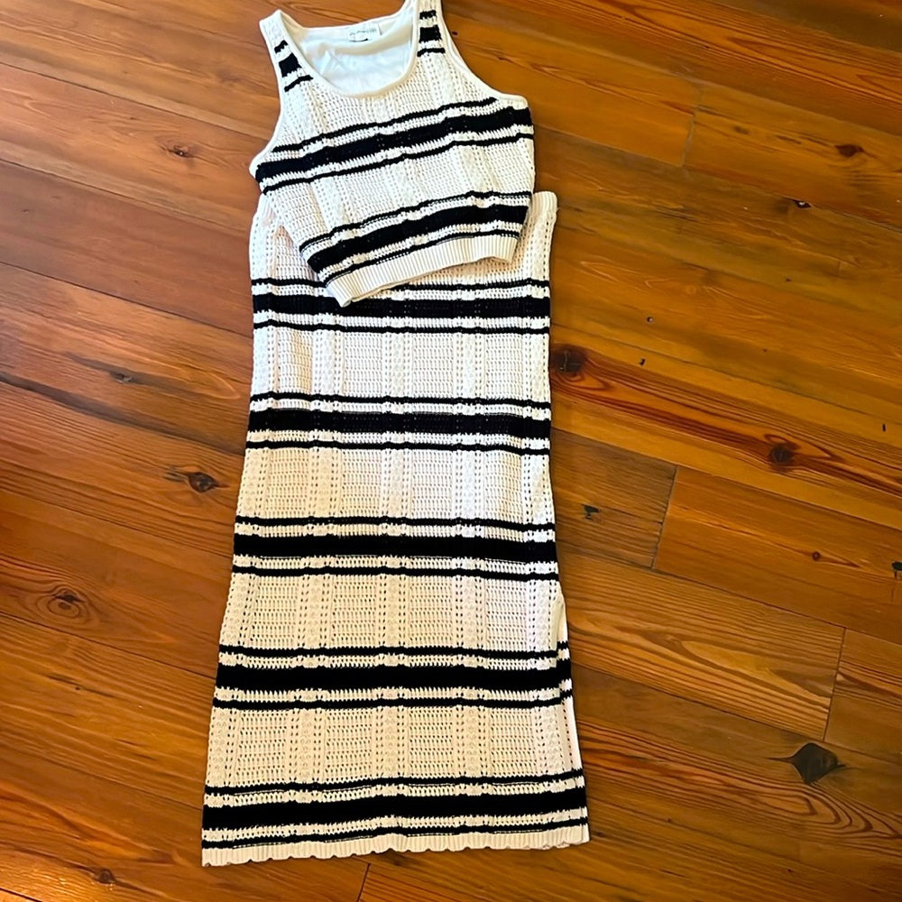 Striped Crochet Tank & Midi Skirt Set - Black and White